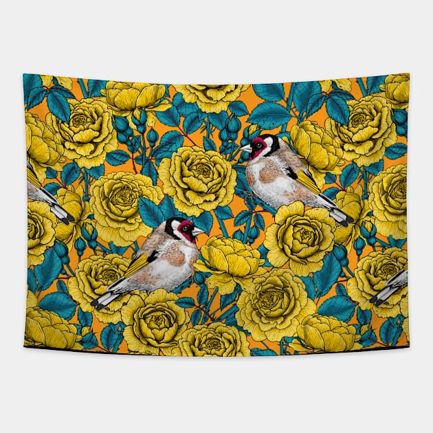 Rose flowers and goldfinch birds Tapestry by katerinamk