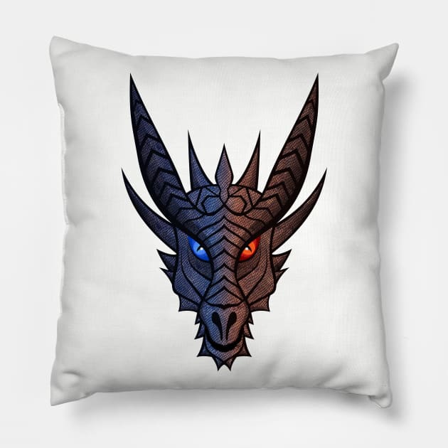 Red and Blue Dragon Face Pillow by Teeziner