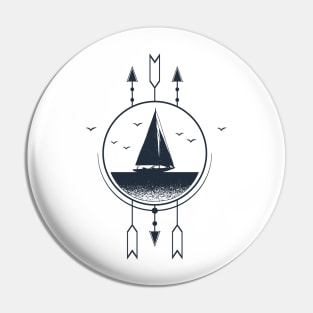 Creative Illustration In Geometric Style. Ship In The Sea. Adventure, Travel And Nautical Pin