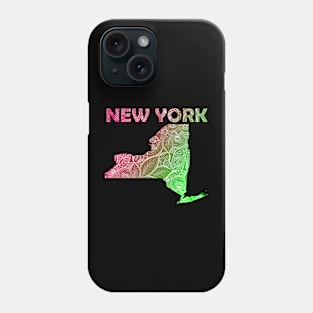 Colorful mandala art map of New York with text in pink and green Phone Case