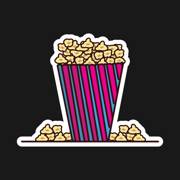 Popcorn In Popcorn Pack Sticker vector illustration. Movie cinema icon concept. Snack food. Big red blue strip box with popcorn sticker vector design with shadow. by AlviStudio