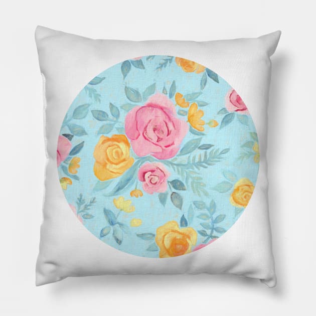 Chalk Pastel Pink & Orange Roses on Sky Blue Pillow by micklyn