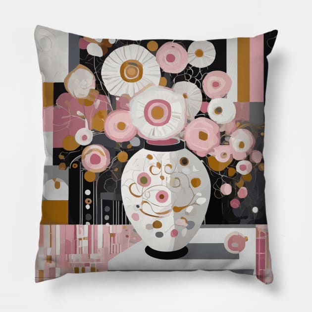 Pink and White Flowers in a White Vase After Klimt Pillow by bragova