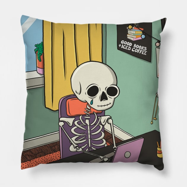 Skeleton At Desk Pillow by cecececececelia