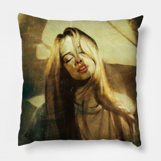 Blonde girl feeling the sunshine Pillow by Artofokan