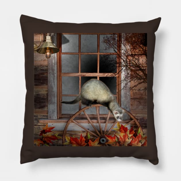 Autumn Escape Ferret - Window ferrets art design Pillow by BarbaraGlebska