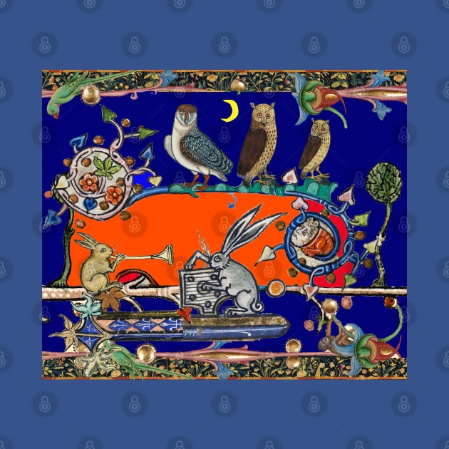 WEIRD MEDIEVAL BESTIARY MAKING MUSIC, Three Owls And Night Concert of Rabbits in Orange Blue by BulganLumini