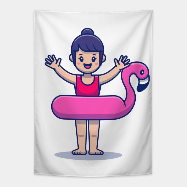 Cute Girl Wearing Flamingo Balloon Tapestry by Catalyst Labs