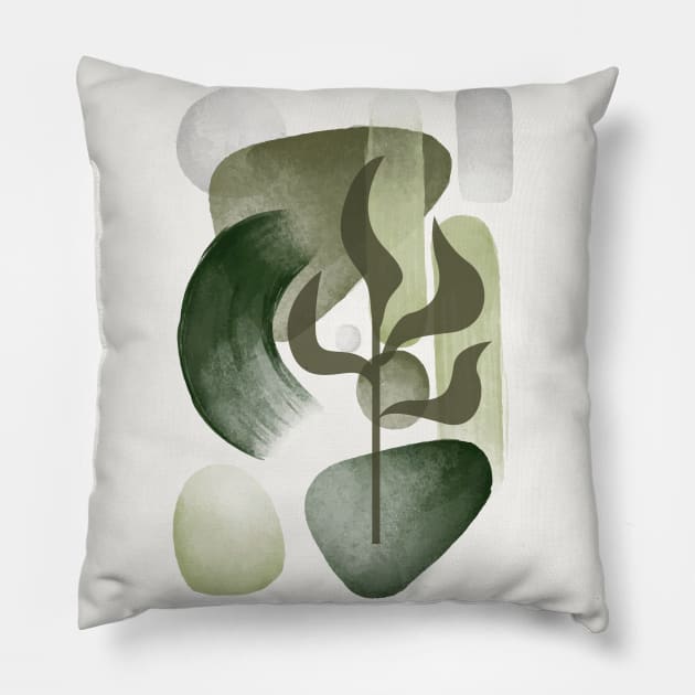 Botanical set of illustrations of tropical plants, Abstract green watercolor geometric shapes. No 01 Pillow by Modern Art
