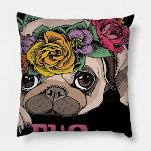 Pug Love Flowers Pillow