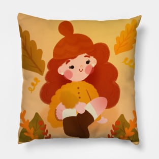 Cozy Fall Vibes - Kawaii Red-Haired Girl with Cute Leaves Art Pillow