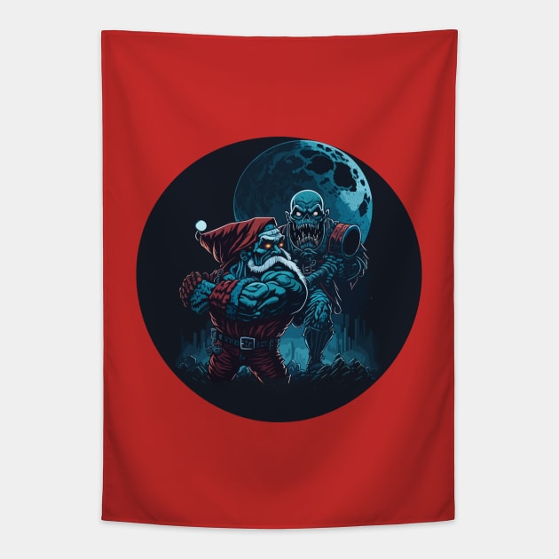 Santa Claus is Zombified - Santa and Undead Zombie under Moon Tapestry by Darkrinto