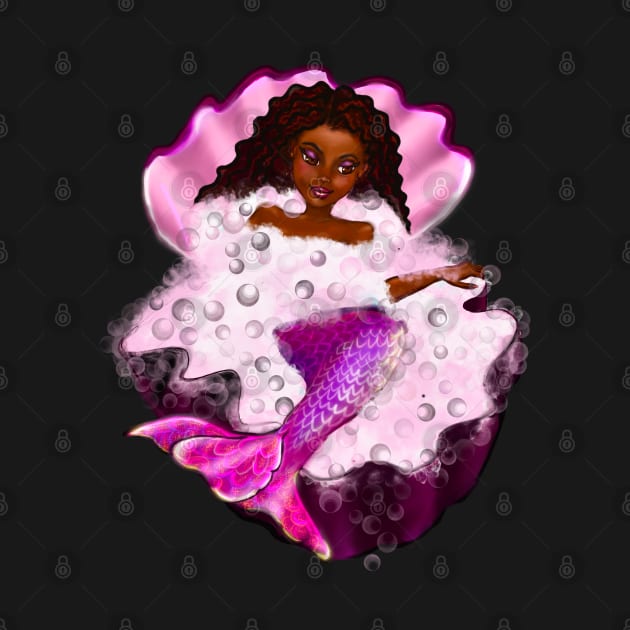 Mermaid spa day in Oyster clam shell 2 - Black anime mermaid in bubble bath. Pretty black girl with Afro hair, green eyes, Cherry pink lips and dark brown skin. Hair love ! by Artonmytee