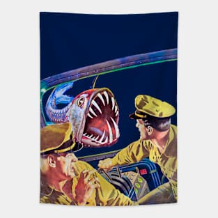 Terrifying Encounter: Two Sailors Confronted by Aquatic Monster in the Deep Ocean Depths Within Retro Vintage Submarine Tapestry