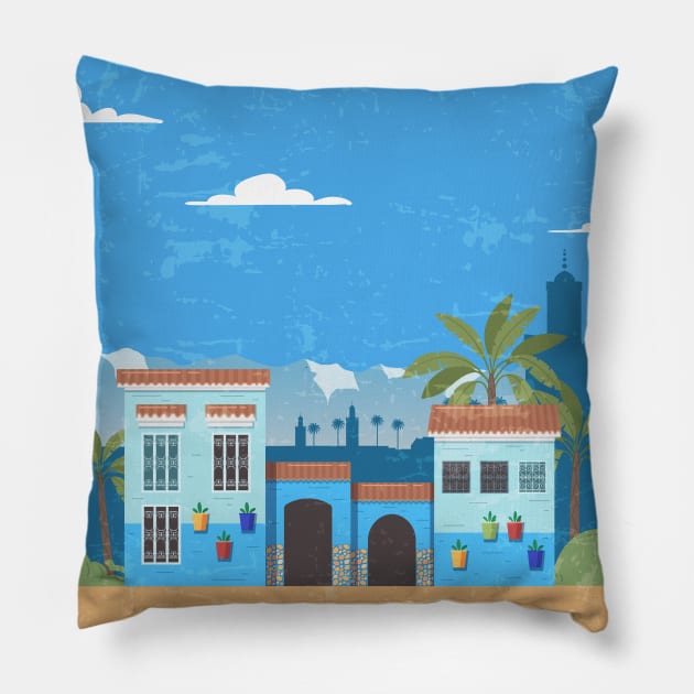 Chefchaouen, Morocco - Retro travel minimalist poster Pillow by GreekTavern