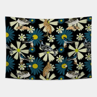 Blue and Yellow Flowers and Birds Tapestry