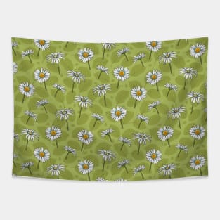 Spring White Daisies on Green Leaves Background Tapestry