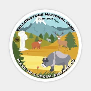 Yellowstone National Park Wildlife, Mask On and Social Distance, illustration, round Magnet