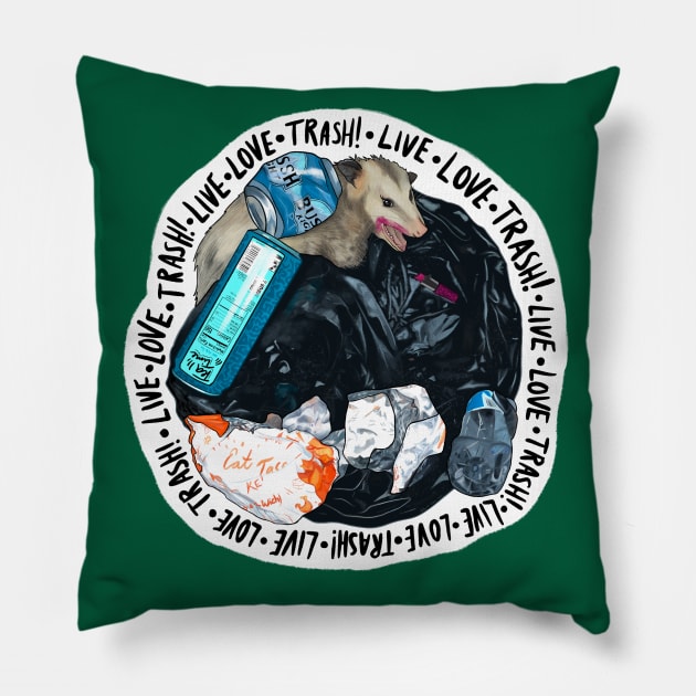 Trash Opossum Wearing Lipstick Digging In Trash - Live, Love, Trash! Pillow by Ashley D Wilson