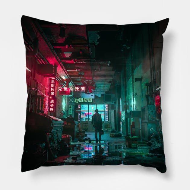 Neon-alley Pillow by skiegraphicstudio