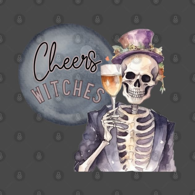 Cheers Witches Skeleton with Halloween Libations by mw1designsart