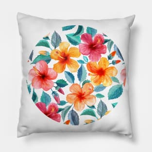 Colorful Watercolor Hibiscus on Clean White Pillow