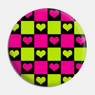 Checkerboard Hearts in Lime Green, Hot Pink and Black Pin