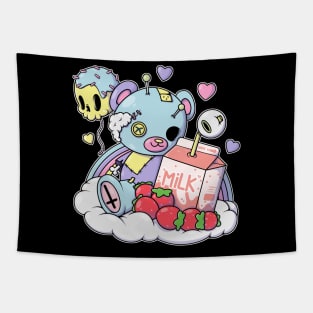 Strawberry Milk Teddy Bear Pastel Goth Kawaii Creepy Cute Skull Tapestry