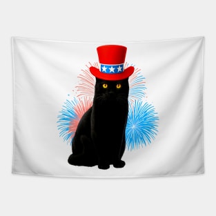 Patriotic Cat American Flag 4th of July Black Cat Fireworks Tapestry