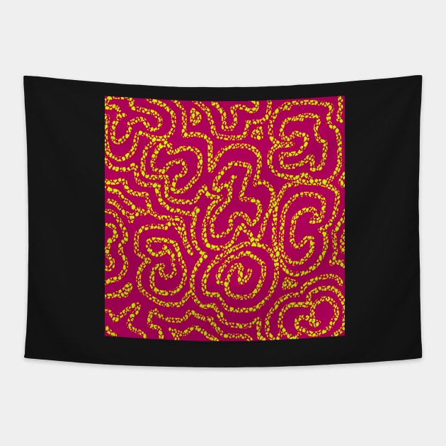 Textured Yellow Doodle on Red Abstract Tapestry by Klssaginaw