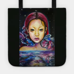 Asian girl with siamese fighting fish Tote