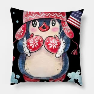 Cute Penguins With American Flag Merry Christmas Pillow