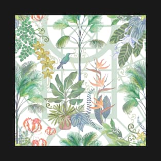 Indoor plants TROPICAL greenhouse glass with birds, orchids, palms, strelitzia, lilies T-Shirt