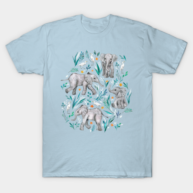 Baby Elephants and Egrets in Watercolor - egg shell blue - Baby - T-Shirt