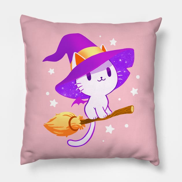 White Witch Cat - Pastel Kitty - Magical stars Pillow by BlancaVidal