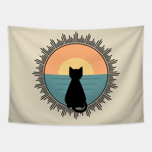 Cat Watching Sunset Tapestry