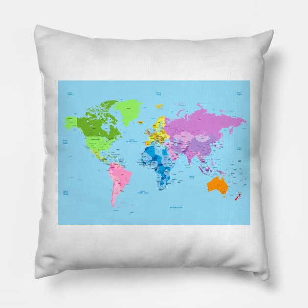 Bright World map listing capital cities Pillow by EverlastingJourneys