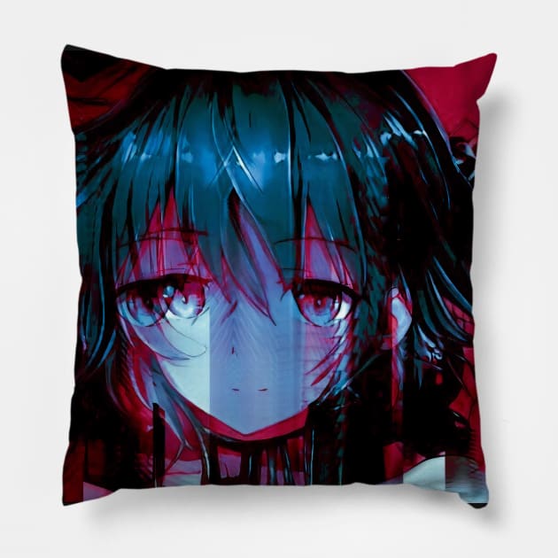 Corrupted - Anime Girl Glitchcore Portrait Pillow by raspberry-tea