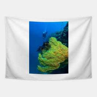 scuba diver and yellow sea fan Tapestry