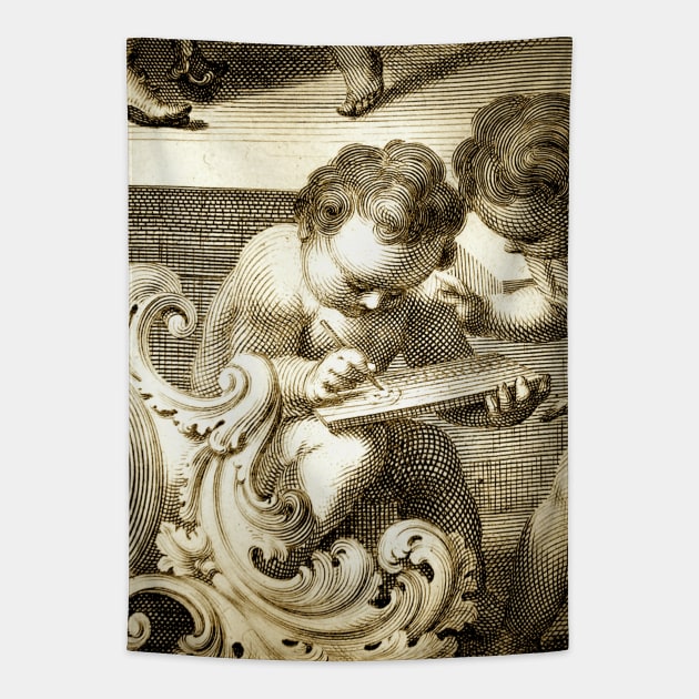 Cherub writing Antique Engraving Tapestry by chilangopride