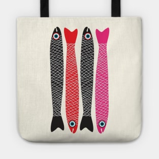 ANCHOVIES Bright Graphic Fun Groovy Fish in Black Red Pink - Vertical Layout - UnBlink Studio by Jackie Tahara Tote