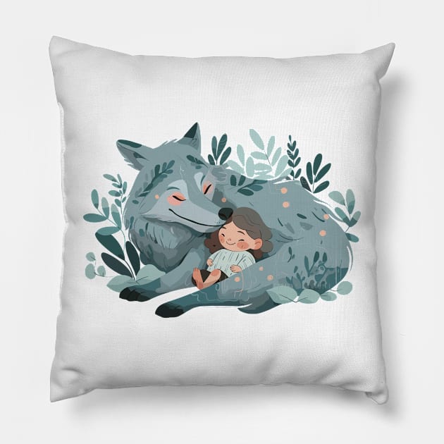 Cute Wolf Animal Loving Cuddle Embrace Children Kid Tenderness Pillow by Cubebox