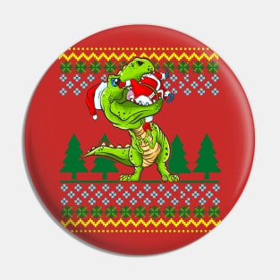 T Rex Eating Santa Claus Christmas Ugly Sweater Pattern Pin