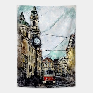 Prague City Streets Travel Poster Series watercolor ink edition 05 Tapestry