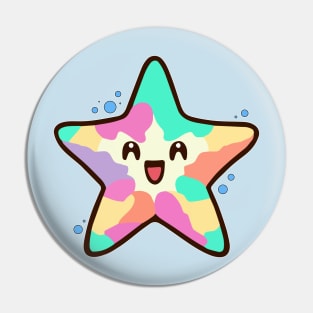 Happy smiling baby starfish with bubbles. Kawaii cartoon Pin