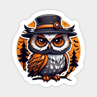 An owl wearing a hat and sitting on a branch in the forest Magnet