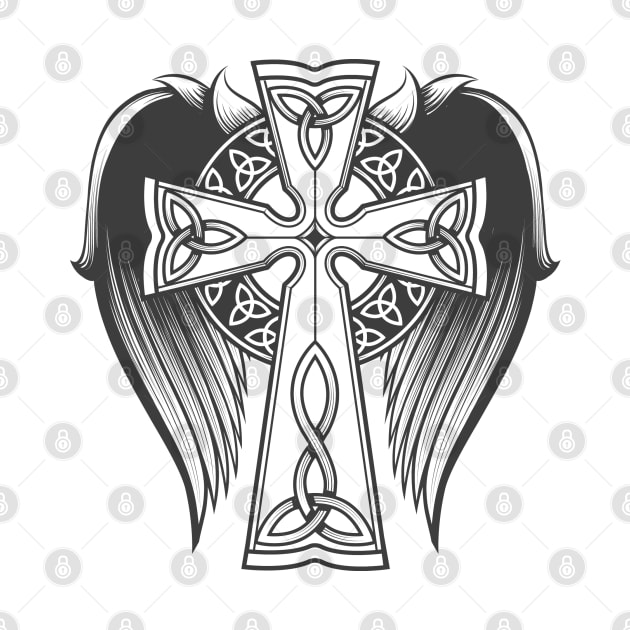 Cross in celtic style with big wings tattoo in engraving style. by devaleta