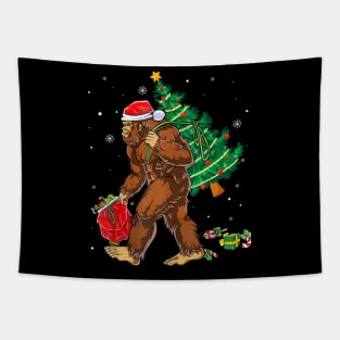 Bigfoot Carrying Christmas Tree Sasquatch Believer Tapestry