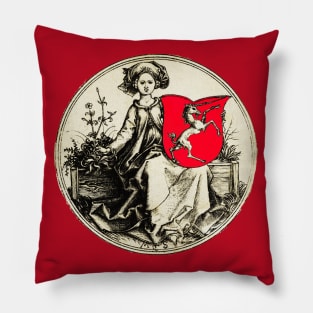 MEDIEVAL LADY HOLDING A SHIELD WITH RAMPANT UNICORN in Black White Red Pillow