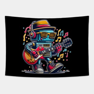 A Rockin' Blues Robot Blues Guitar Rock and Roll Robot Plays Lead Guitar with Music Notes Floating Around Tapestry